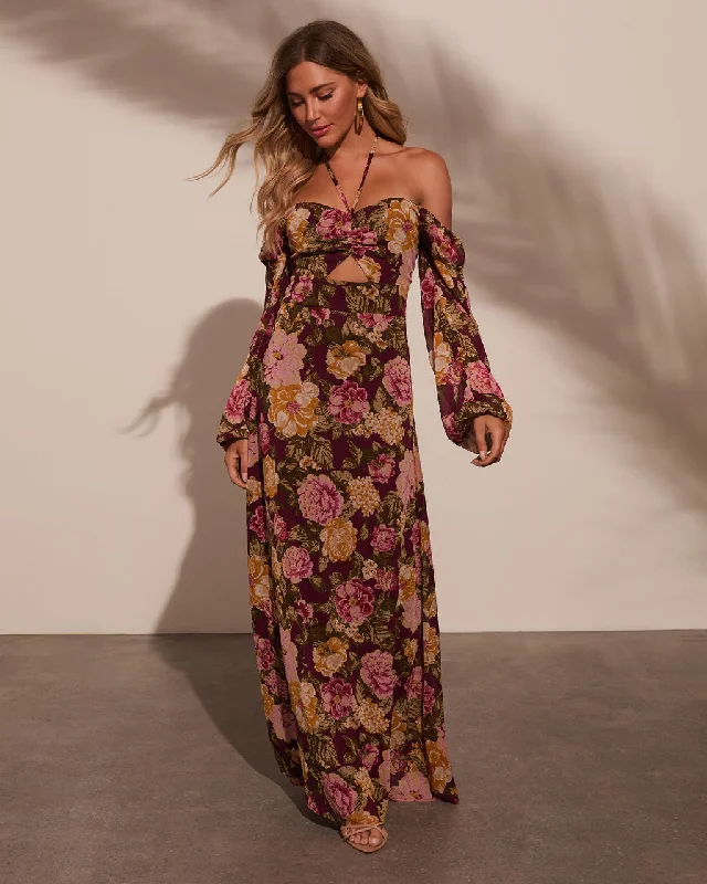 Fresh Harvest Floral Chiffon Cutout Maxi Dress Fashionable High-Low Maxi Dress