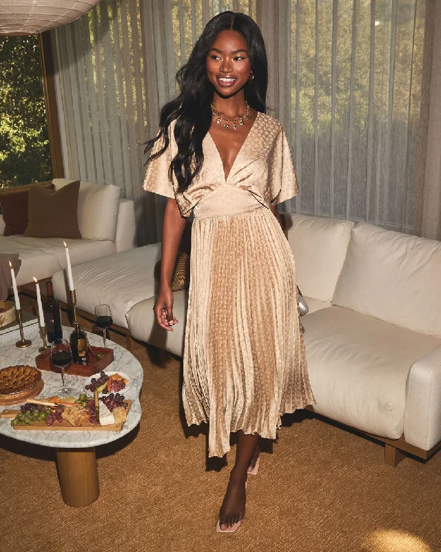 Golden Gatherings Pleated Satin Maxi Dress Cozy Knit Maxi Dress
