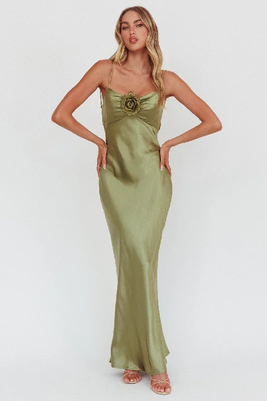 High Roller Cowl Back Rosette Maxi Dress Olive Comfortable Maxi Dress with Sleeves