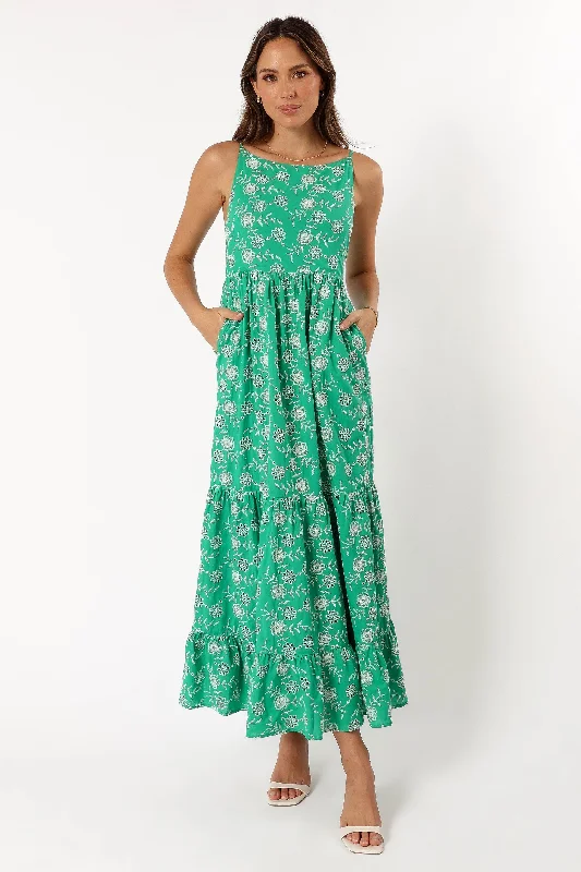 Jenson Maxi Dress - Green Eyelet Trendy Floral Print Maxi Dress