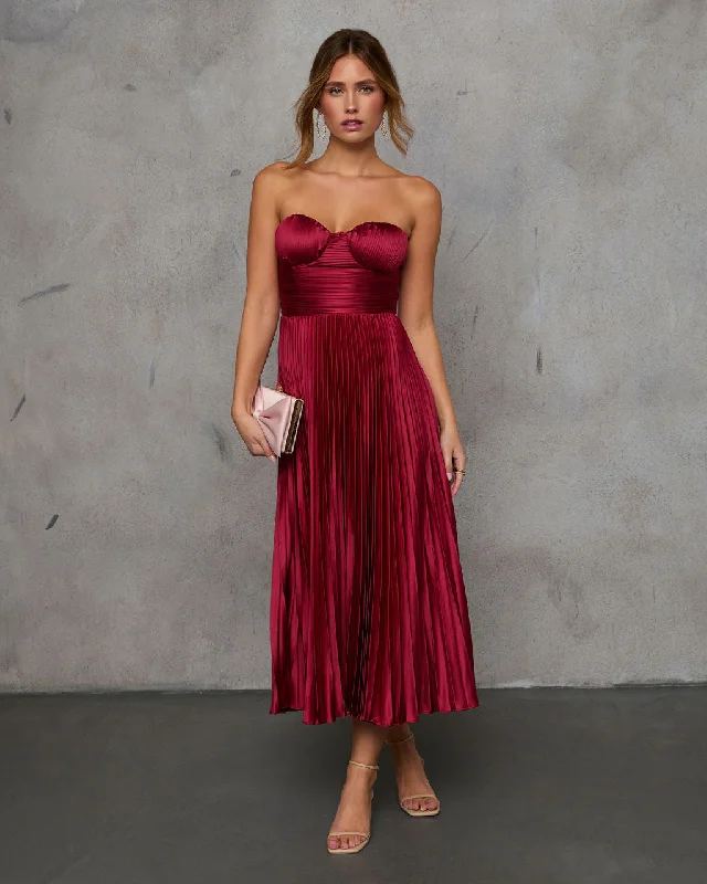 Leanna Strapless Bustier Satin Maxi Dress Stylish Pleated A-Line Maxi Dress