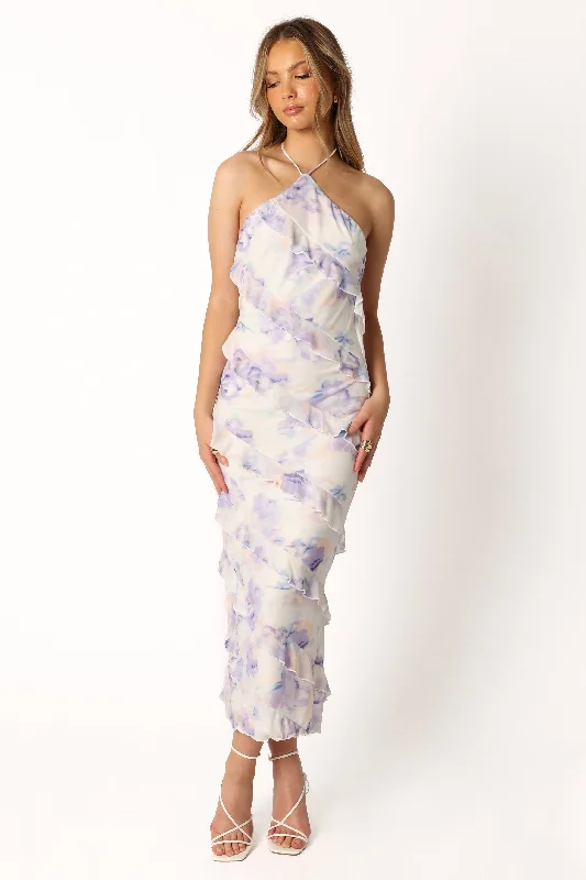 Leanne Halterneck Maxi Dress - Purple Floral Trendy Ruffled Maxi Dress