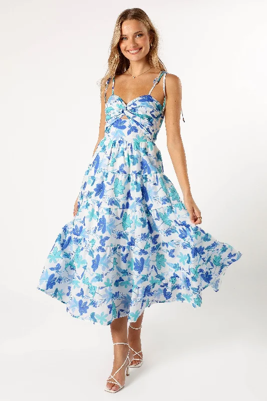Lulu Cut Out Maxi Dress - Blue Floral Comfortable Satin Maxi Dress