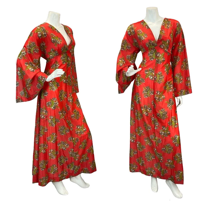 MAXI VTG 60s 70s BELL SLEEVE V-NECK RED GREEN BROWN BOHO MAXI DRESS 10 12 Cozy Ruffle Sleeve Maxi Dress MAXI VTG 60s 70s BELL SLEEVE V-NECK RED GREEN BROWN BOHO MAXI DRESS 10 12 Cozy Ruffle Sleeve Maxi Dress