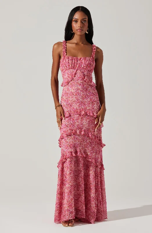Olina Floral Ruffle Maxi Dress Elegant Lace-Up Maxi Dress