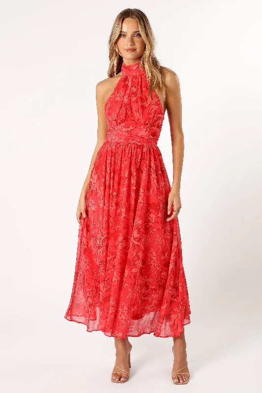 Primrose Halterneck Maxi Dress - Red Floral Trendy V-Neck Maxi Dress