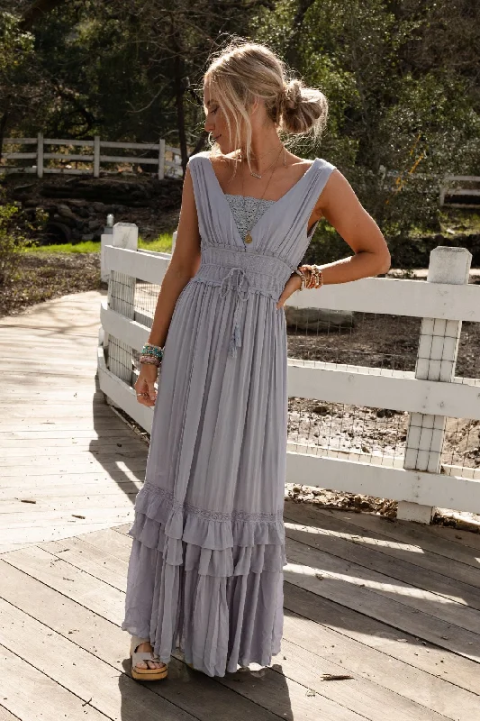 Santa Maria Tiered Lace Maxi Dress - Washed Gray Comfortable Casual Maxi Dress