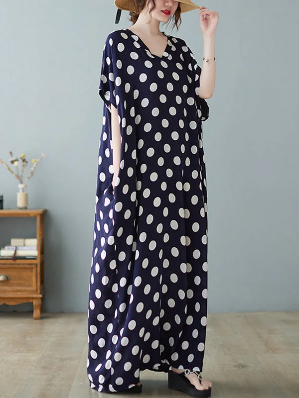 Urban Loose Polka-Dot Printed A-Line Maxi Dress Fashionable Open-Back Maxi Dress