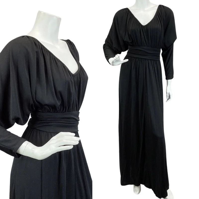 VINTAGE 60s 70s BLACK BAT WING BOHO DISCO PARTY EVENING MAXI DRESS 10 Comfortable Ruffle Hem Maxi Dress VINTAGE 60s 70s BLACK BAT WING BOHO DISCO PARTY EVENING MAXI DRESS 10 Comfortable Ruffle Hem Maxi Dress