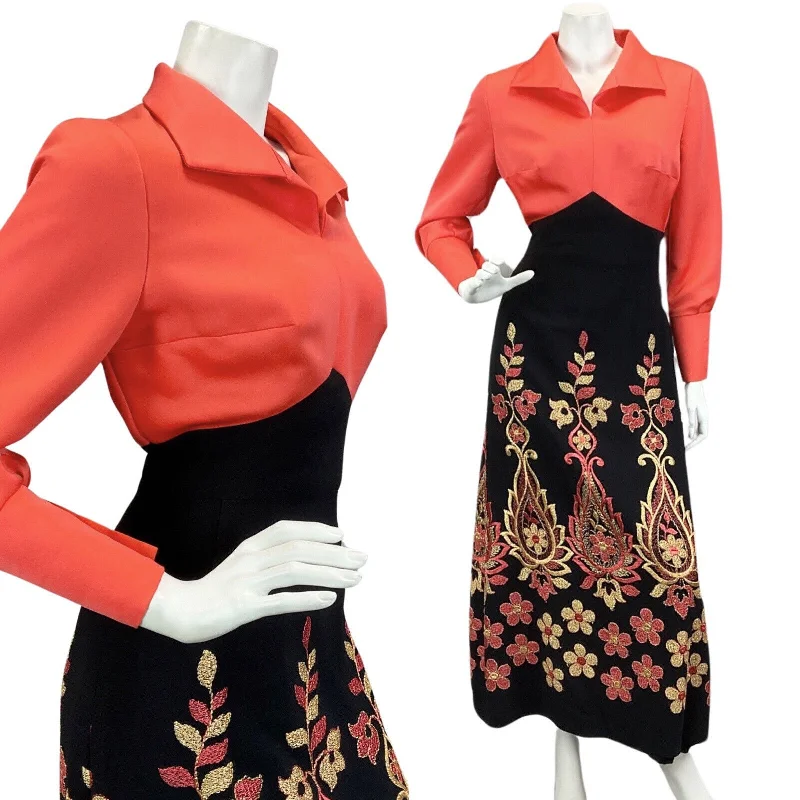 VINTAGE 60s 70s BLACK CORAL FLORAL EMBROIDERED EVENING BOHO FOLK MAXI DRESS 10 Stylish Pleated A-Line Maxi Dress VINTAGE 60s 70s BLACK CORAL FLORAL EMBROIDERED EVENING BOHO FOLK MAXI DRESS 10 Stylish Pleated A-Line Maxi Dress
