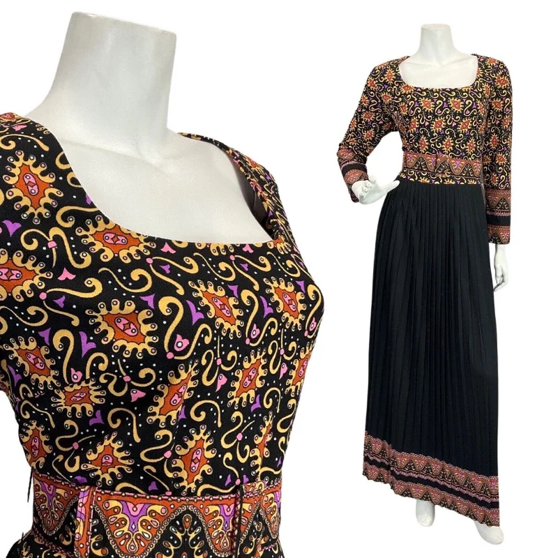 VINTAGE 60s 70s BLACK CREAM PURPLE PSYCHEDELIC BOHO FOLK BELTED MAXI DRESS 14 16 Fashionable Sleeveless Maxi Dress
