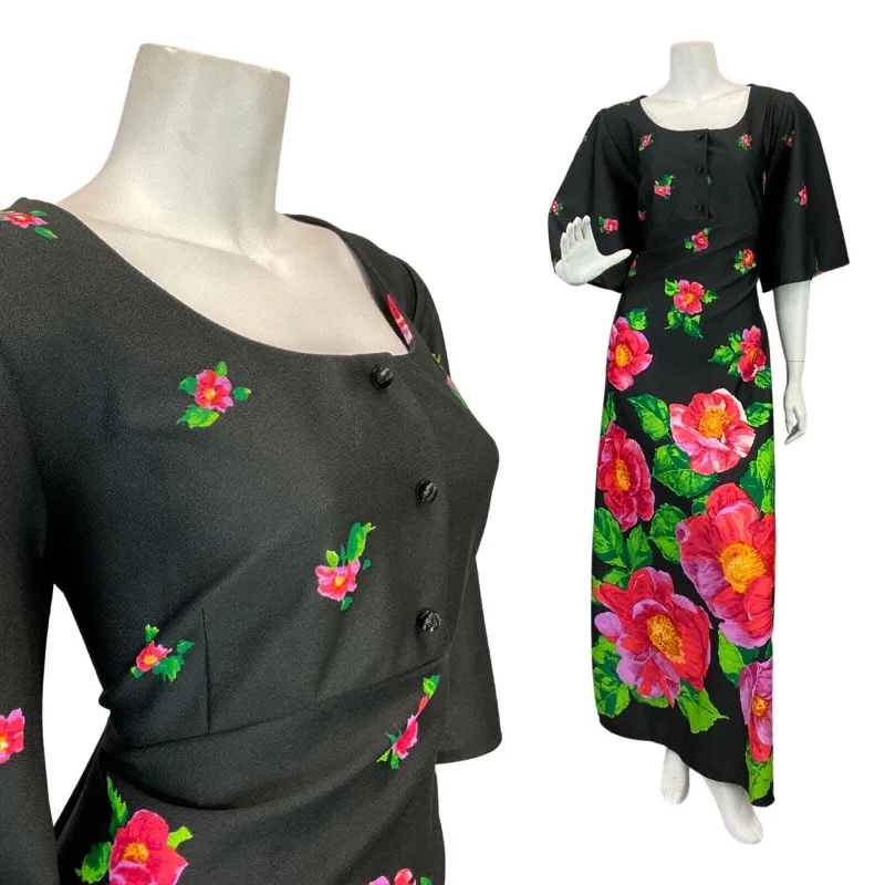 VINTAGE 60s 70s BLACK PINK GREEN FLORAL GARDEN MOD BOHO MAXI DRESS 16 Elegant Boho Maxi Dress