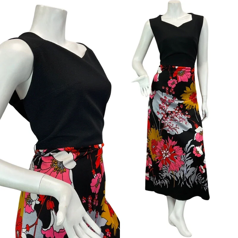 VINTAGE 60s 70s BLACK PINK RED YELLOW PSYCHEDELIC FLORAL MAXI DRESS 14 Stylish V-Neck Maxi Dress VINTAGE 60s 70s BLACK PINK RED YELLOW PSYCHEDELIC FLORAL MAXI DRESS 14 Stylish V-Neck Maxi Dress