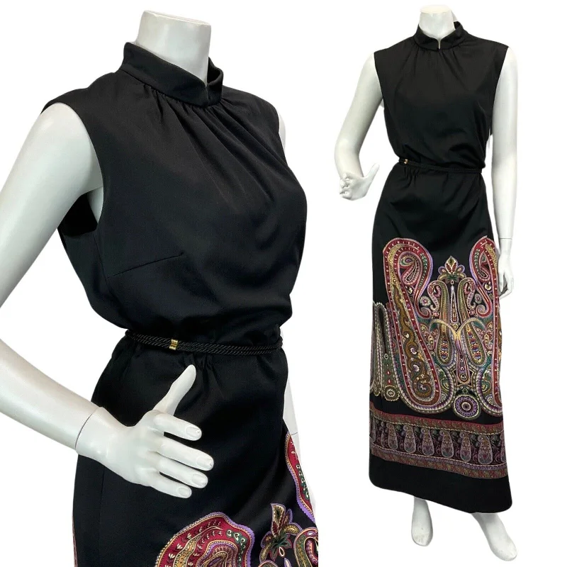 VINTAGE 60s 70s BLACK PURPLE BURGUNDY PAISLEY PRINT BOHO DISCO MAXI DRESS 14 16 Classic A-Line Maxi Dress VINTAGE 60s 70s BLACK PURPLE BURGUNDY PAISLEY PRINT BOHO DISCO MAXI DRESS 14 16 Classic A-Line Maxi Dress