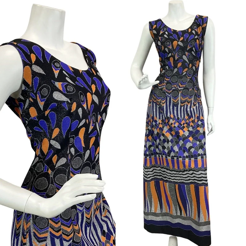 VINTAGE 60s 70s BLACK PURPLE ORANGE SILVER ABSTRACT DISCO PARTY  MAXI DRESS 12 Trendy Maxi Dress with Straps