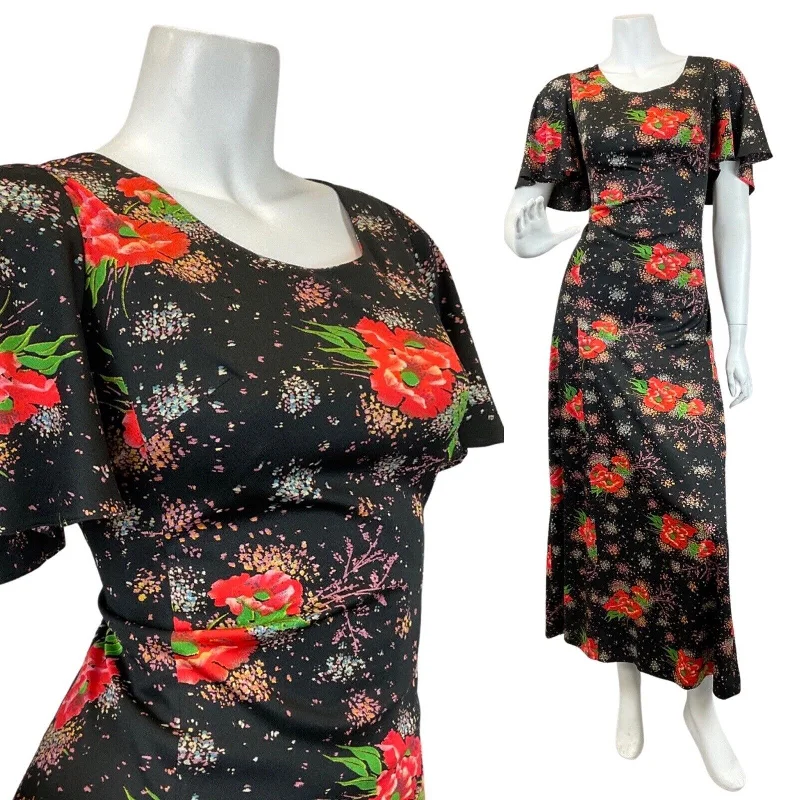 VINTAGE 60s 70s BLACK RED GREEN POPPY FLOWER DOTTY MAXI DRESS 14 16 Trendy Maxi Dress with Lace VINTAGE 60s 70s BLACK RED GREEN POPPY FLOWER DOTTY MAXI DRESS 14 16 Trendy Maxi Dress with Lace