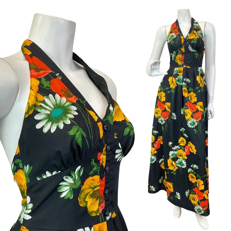 VINTAGE 60s 70s BLACK RED YELLOW POPPY DAISY FLOWER HALTER MAXI DRESS 4 Trendy A-Line Maxi Dress