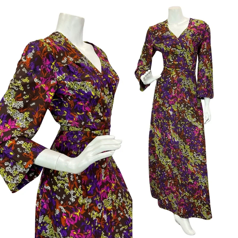 VINTAGE 60s 70s BROWN PURPLE YELLOW FLORAL PRINT MAXI DRESS 14 Fashionable Off-Shoulder Maxi Dress