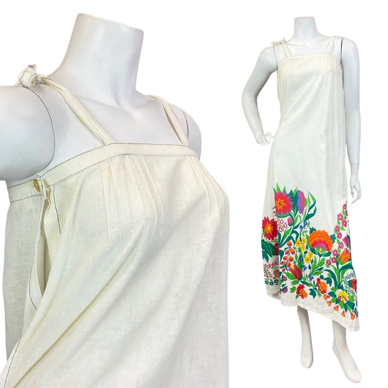 VINTAGE 60s 70s CREAM RED GREEN FLORAL COTTON STRAPPY SUMMER MAXI DRESS 4 Classic V-Neck Maxi Dress