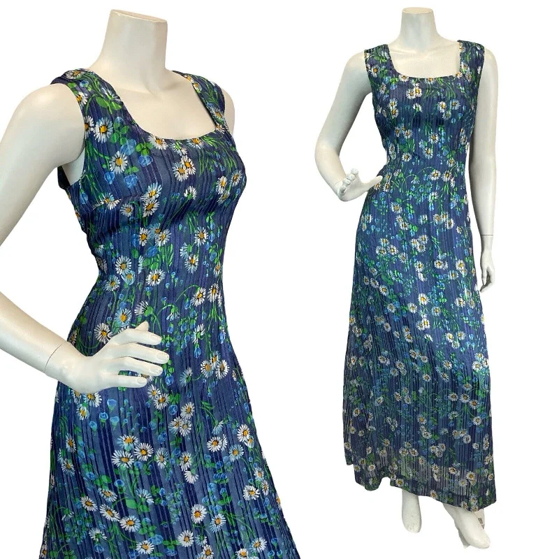 VINTAGE 60s 70s DAISY PRINT BLUE SEMI-SHEER LINED MAXI DRESS 10 12 Comfortable Satin Maxi Dress VINTAGE 60s 70s DAISY PRINT BLUE SEMI-SHEER LINED MAXI DRESS 10 12 Comfortable Satin Maxi Dress