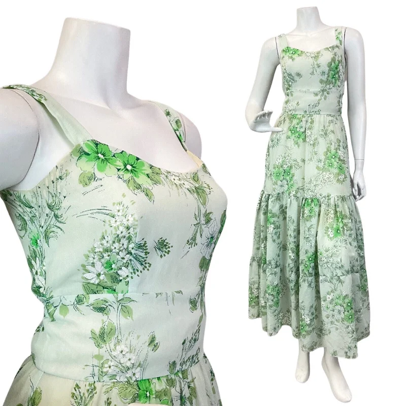 VINTAGE 60s 70s MINT GREEN FLORAL BOHO STRAPPY SUMMER MAXI DRESS 4 Cozy Maxi Dress with Slit