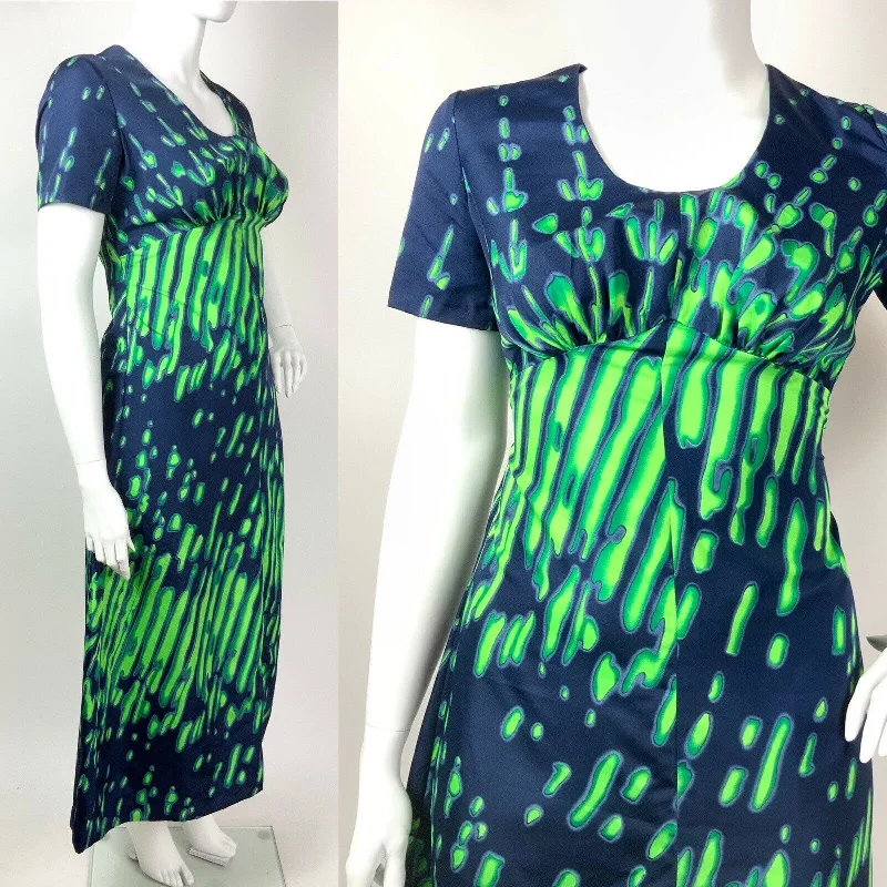 VINTAGE 60s 70s NAVY BLUE NEON LIME GREEN PSYCHEDELIC STRIPED MAXI DRESS 16 18 Stylish Long Sleeve Maxi Dress