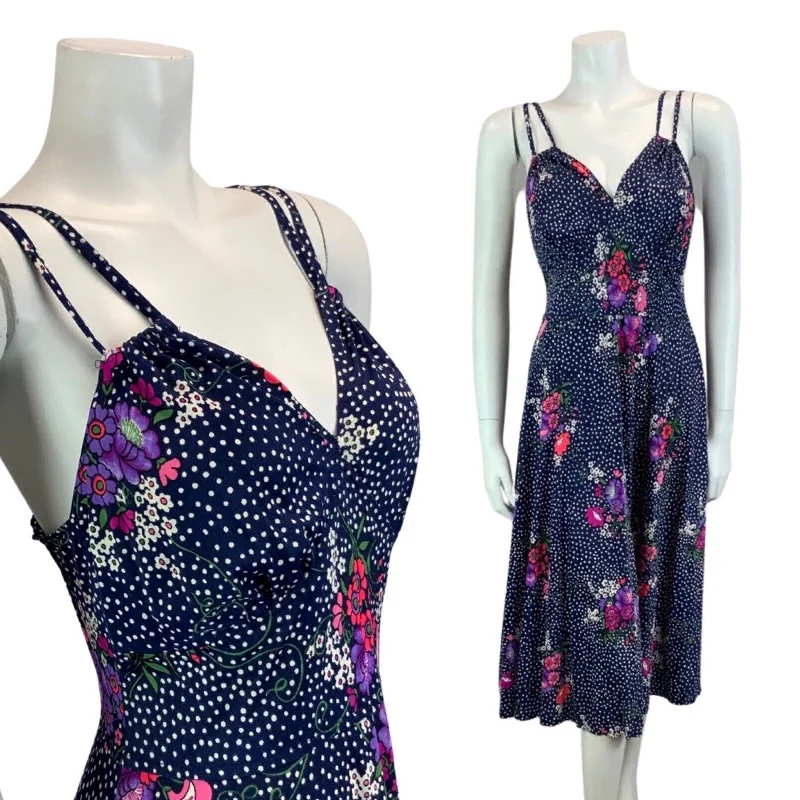 VINTAGE 60s 70s NAVY BLUE WHITE POLKA DOT FLORAL PRINT STRAPPY MAXI DRESS 10 Casual Maxi Dress with Pockets VINTAGE 60s 70s NAVY BLUE WHITE POLKA DOT FLORAL PRINT STRAPPY MAXI DRESS 10 Casual Maxi Dress with Pockets