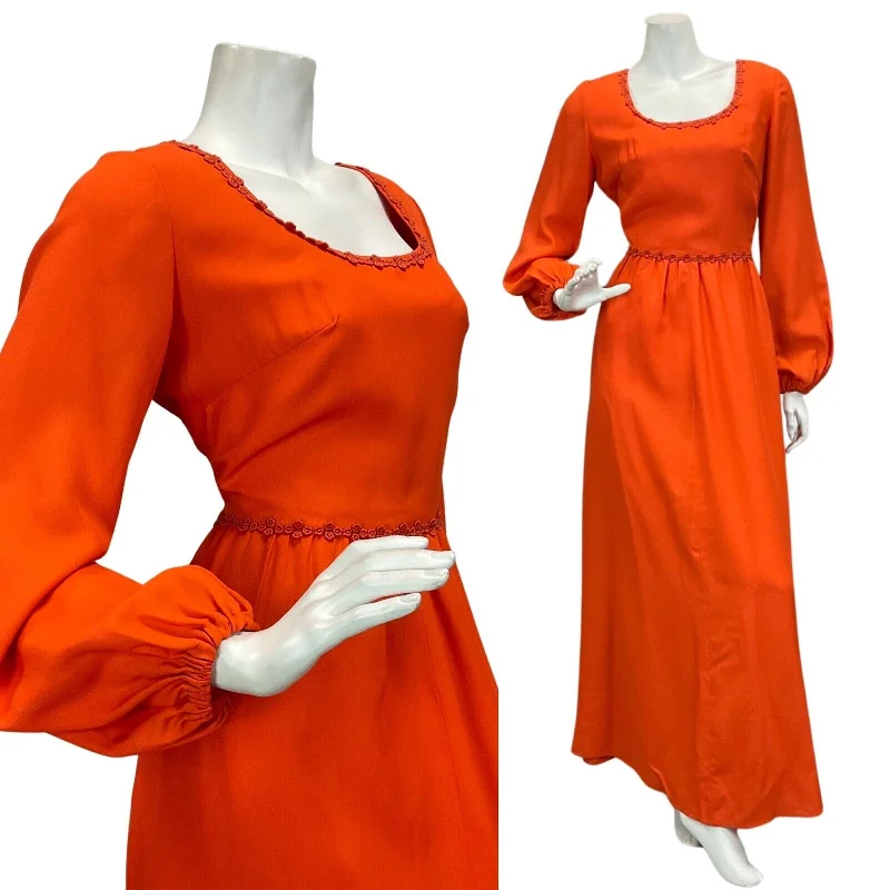 VINTAGE 60s 70s ORANGE FLORAL EMBROIDERY BALLOON SLEEVE BOHO MAXI DRESS 10 12 Elegant Silk Maxi Dress