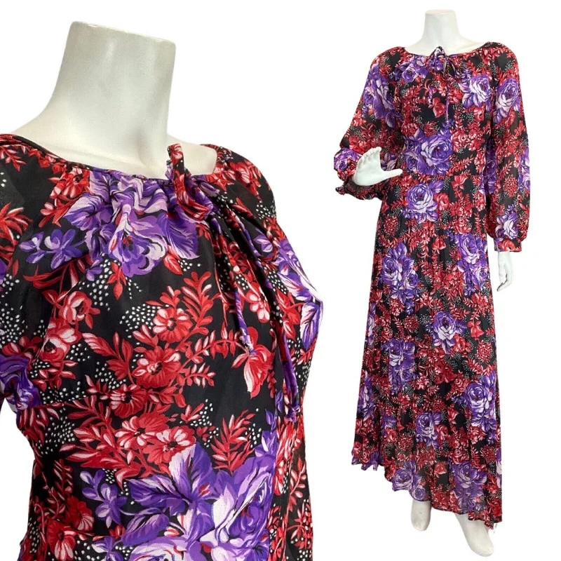VINTAGE 60s 70s RED PURPLE BLACK PSYCHEDELIC FLORAL PLEATED BOHO MAXI DRESS 16 Classic Solid Maxi Dress