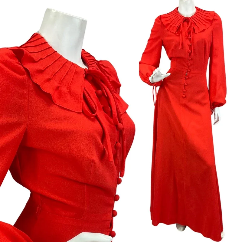 VINTAGE 60s 70s RED RUFFLE EVENING PARTY MOD BOHO VERA MONT MAXI DRESS 10 Elegant Lace-Up Maxi Dress VINTAGE 60s 70s RED RUFFLE EVENING PARTY MOD BOHO VERA MONT MAXI DRESS 10 Elegant Lace-Up Maxi Dress