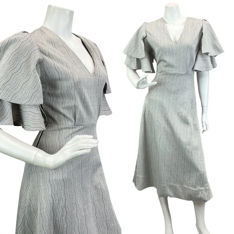 VINTAGE 60s 70s SILVER RUFFLED ANGEL SLEEVE DISCO PARTY EVENING MAXI DRESS 10 Elegant Maxi Dress with Slit VINTAGE 60s 70s SILVER RUFFLED ANGEL SLEEVE DISCO PARTY EVENING MAXI DRESS 10 Elegant Maxi Dress with Slit