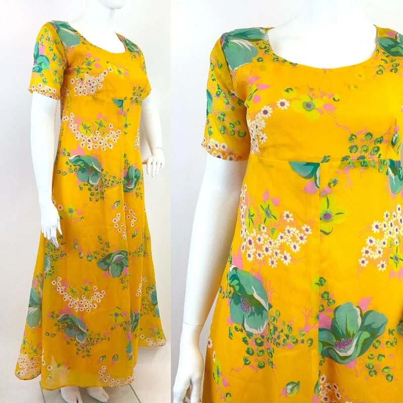VINTAGE 60s 70s YELLOW PINK GREEN FLORAL DAISY SHEER FLOATY MAXI DRESS 16 18 Cozy Wrap Maxi Dress