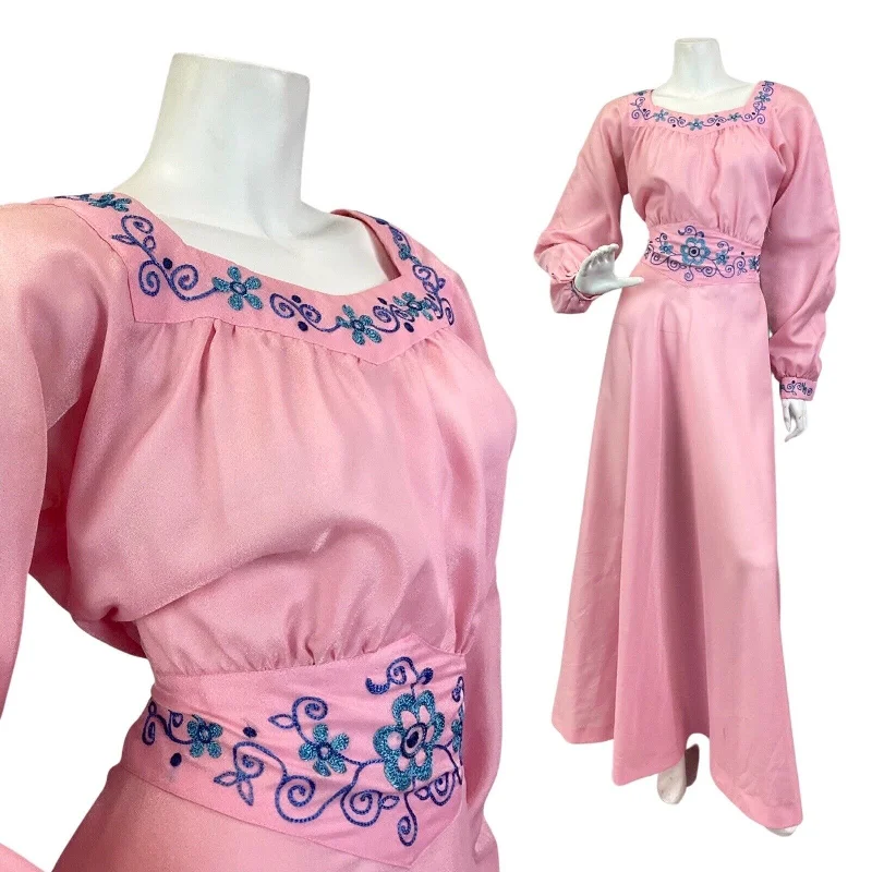 VINTAGE 70s BABY PINK BLUE EMBROIDERED FLORAL PRAIRIE PRINCESS MAXI DRESS 14 Stylish Off-Shoulder Maxi Dress VINTAGE 70s BABY PINK BLUE EMBROIDERED FLORAL PRAIRIE PRINCESS MAXI DRESS 14 Stylish Off-Shoulder Maxi Dress