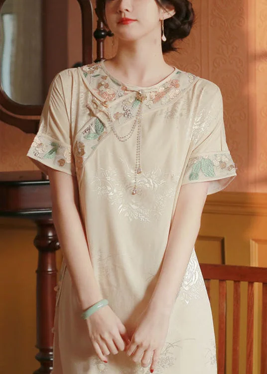 Vintage Beige O-Neck Embroideried Side Open Button Silk Maxi Dresses Short Sleeve Trendy Short Sleeve Maxi Dress