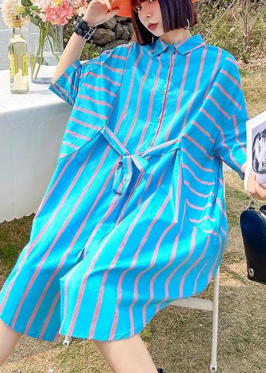 Vintage Blue Striped tie waist Summer Maxi Dresses Elegant Maxi Dress with Ruffles
