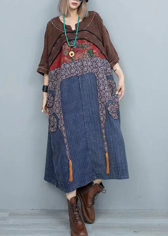 Vintage Colorblock Print Patchwork Denim Maxi Dresses Long Sleeve Fashionable Off-Shoulder Maxi Dress Vintage Colorblock Print Patchwork Denim Maxi Dresses Long Sleeve Fashionable Off-Shoulder Maxi Dress