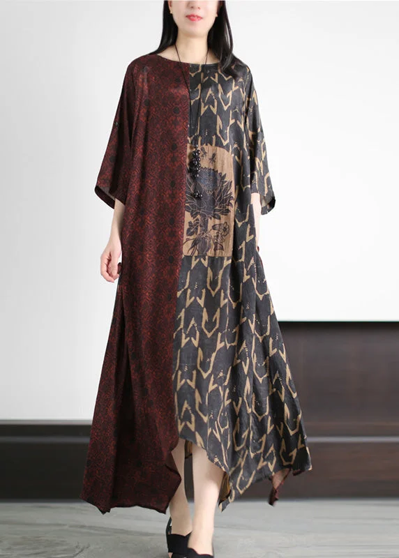 Vintage Dark Red O-Neck Asymmetrical Print Patchwork Silk Maxi Dress Half Sleeve Classic V-Neck Maxi Dress Vintage Dark Red O-Neck Asymmetrical Print Patchwork Silk Maxi Dress Half Sleeve Classic V-Neck Maxi Dress