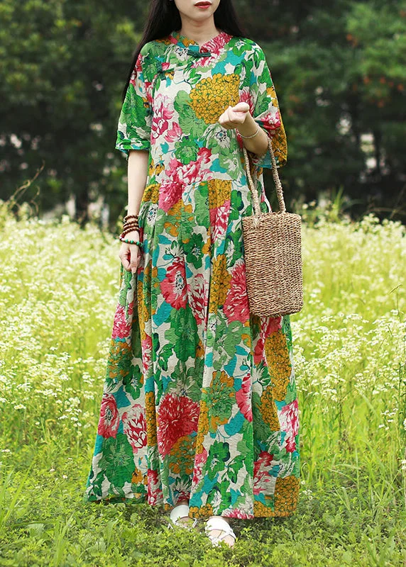 Vintage Green Mandarin Collar Cinched Print Maxi Dress Half Sleeve Trendy A-Line Maxi Dress Vintage Green Mandarin Collar Cinched Print Maxi Dress Half Sleeve Trendy A-Line Maxi Dress
