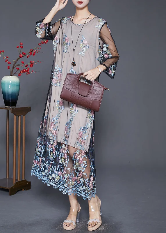 Vintage Grey Embroideried Hollow Out Tulle Maxi Dresses Fall Trendy Fit-and-Flare Maxi Dress Vintage Grey Embroideried Hollow Out Tulle Maxi Dresses Fall Trendy Fit-and-Flare Maxi Dress