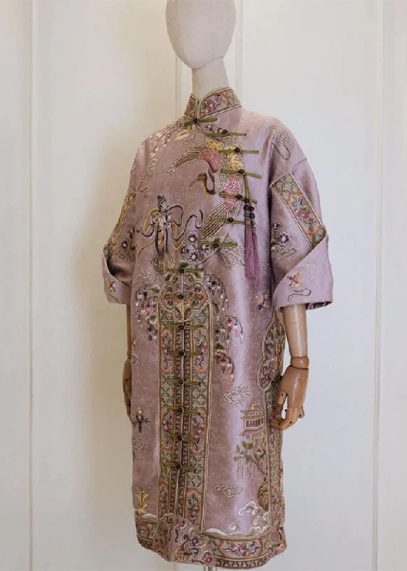 Vintage Pink Stand Collar Embroideried Button Silk Cotton Maxi Dresses Fall Comfortable Ruffle Maxi Dress Vintage Pink Stand Collar Embroideried Button Silk Cotton Maxi Dresses Fall Comfortable Ruffle Maxi Dress