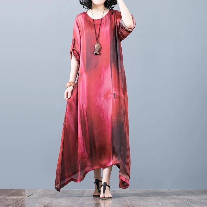 vintage red natural silk dress  plus size asymmetric gown vintage o neck maxi dresses Stylish Maxi Dress with Pleats