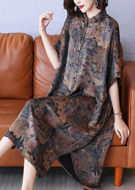 Vintage Stand Collar Print Button Side Open Low High Design Silk Maxi Dresses Half Sleeve Fashionable High-Low Maxi Dress Vintage Stand Collar Print Button Side Open Low High Design Silk Maxi Dresses Half Sleeve Fashionable High-Low Maxi Dress
