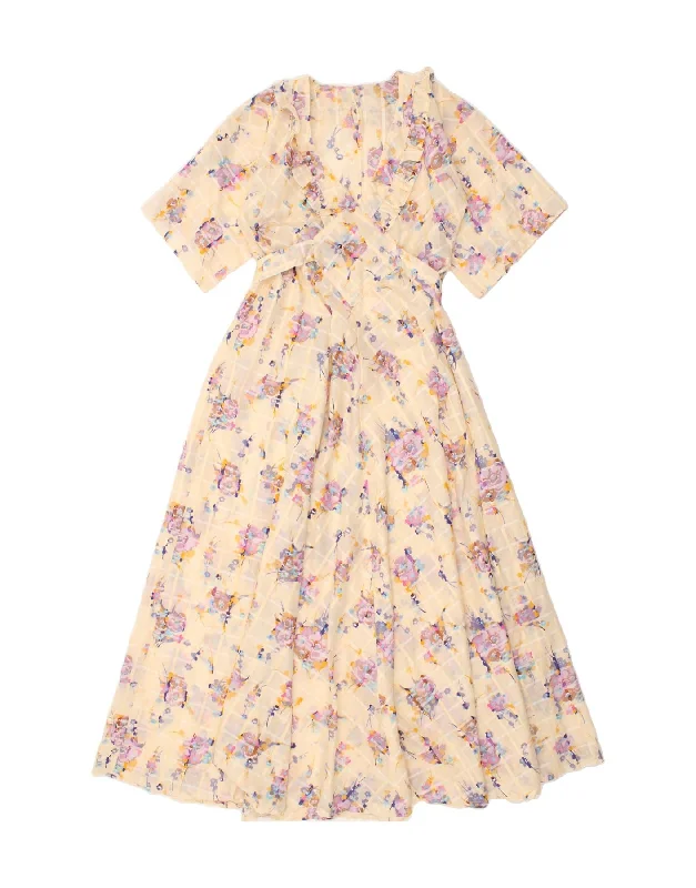 VINTAGE Womens Maxi Dress UK 14 Large Beige Floral Elegant Maxi Dress with Belt