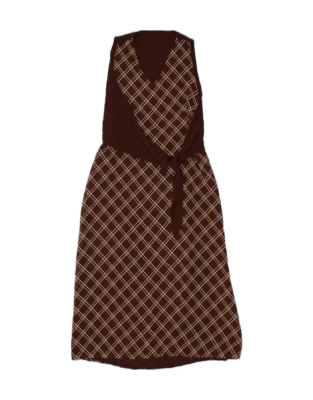 VINTAGE Womens Sleeveless Maxi Dress IT 46 Large Brown Check Polyester Stylish Empire Waist Maxi Dress VINTAGE Womens Sleeveless Maxi Dress IT 46 Large Brown Check Polyester Stylish Empire Waist Maxi Dress