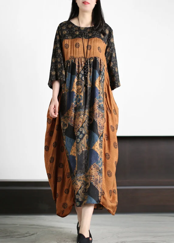 Vintage Yellow O-Neck Patchwork Print Silk Holiday Maxi Dresses Short Sleeve Trendy Maxi Dress with Lace Vintage Yellow O-Neck Patchwork Print Silk Holiday Maxi Dresses Short Sleeve Trendy Maxi Dress with Lace