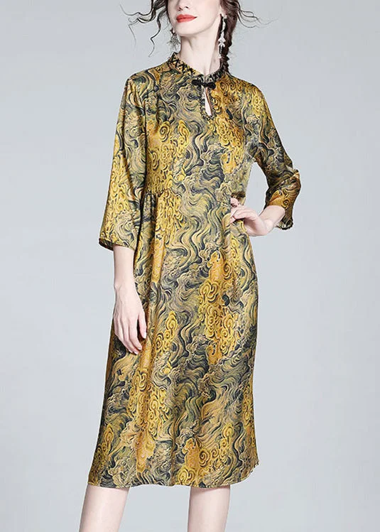 Vintage Yellow Stand Collar Print Button Silk Maxi Dress Summer Elegant Sleeveless Maxi Dress Vintage Yellow Stand Collar Print Button Silk Maxi Dress Summer Elegant Sleeveless Maxi Dress