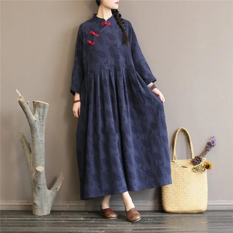 Vivid Chinese Button cotton stand collar clothes Women Catwalk blue Maxi Dresses Cozy Ribbed Maxi Dress Vivid Chinese Button cotton stand collar clothes Women Catwalk blue Maxi Dresses Cozy Ribbed Maxi Dress