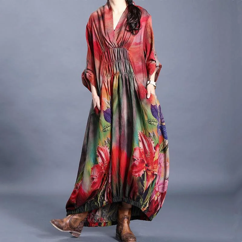 Vivid red print clothes v neck wrinkled Maxi Dress Chic Summer Floral Maxi Dress