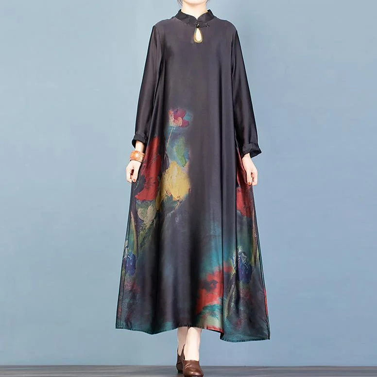 Vivid stand collar Chinese Button spring clothes linen black print Maxi Dresses Elegant Pleated Maxi Dress Vivid stand collar Chinese Button spring clothes linen black print Maxi Dresses Elegant Pleated Maxi Dress