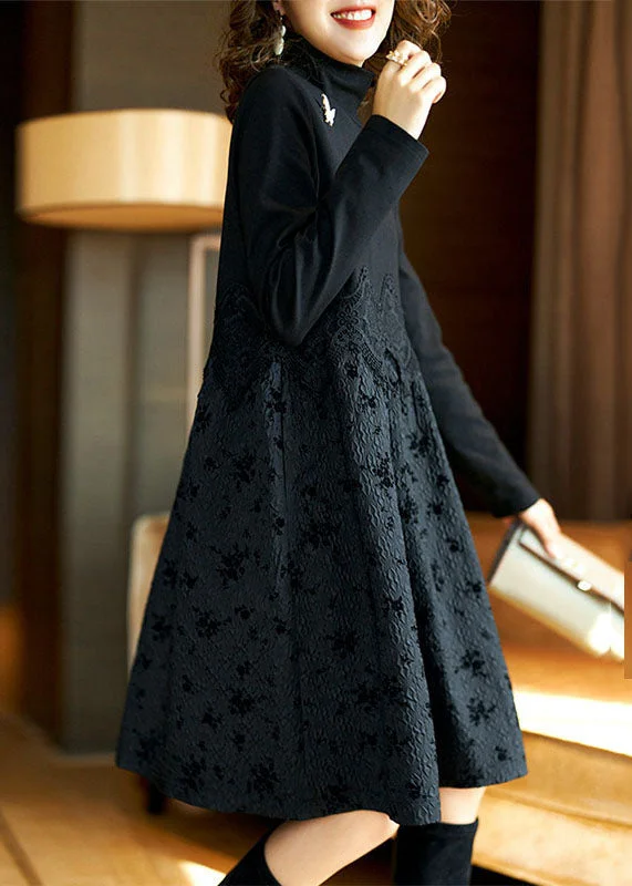 Vogue Black Turtleneck Lace Patchwork Maxi Dress Fall Comfortable Casual Maxi Dress